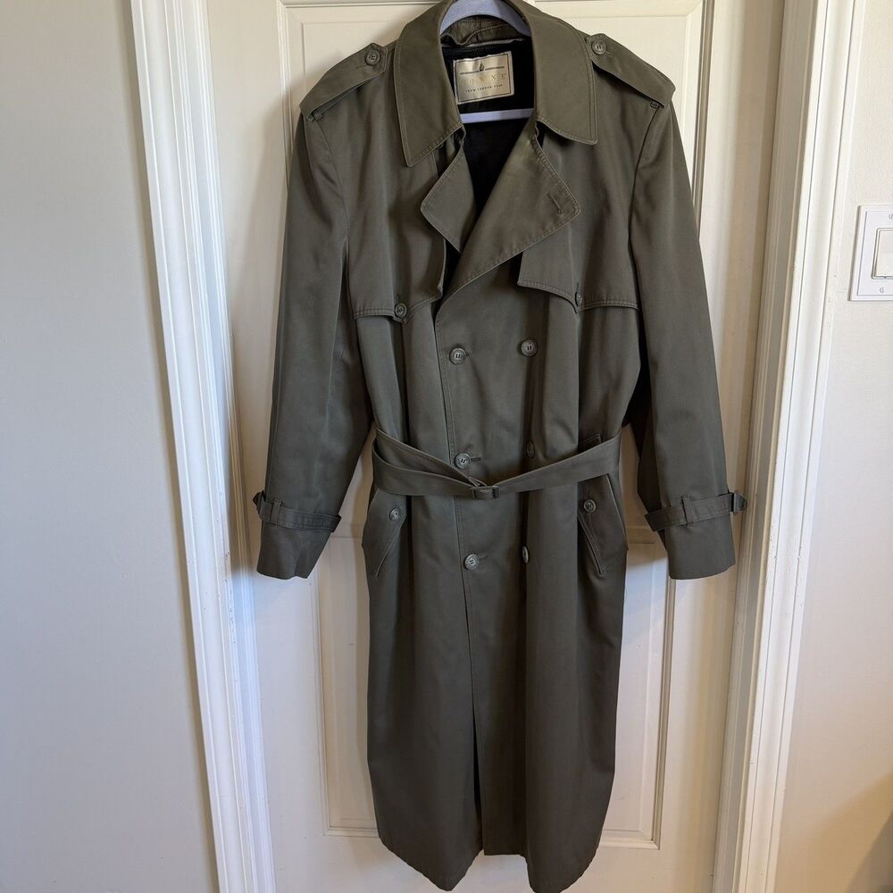 London Fog Towne Men's Double Breasted Lined Trench Coat 46L Army Green Vintage